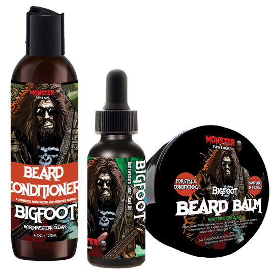 Beard Care Mini Kit by MONSTER - Beard Conditioner plus Beard Oil and Beard Wash. Available in 1, 2, and 4 oz sizes. Skull bottles available!