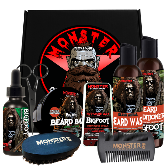 Beard Grooming Bundle from Monster Flesh & Mane - Includes Beard Oil, Beard Balm, Beard Shampoo, & Beard Conditioner plus Mustache Wax, Beard Comb, Beard Brush, and Trimming Scissors all in a Black Box