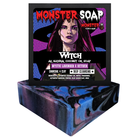 Witch Soap by MONSTER. Mystic lavender, vetiver, and frankincense fragrance. Blue, purple and black soap made with charcoal powder and kaolin clay.