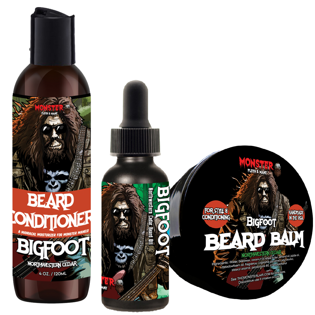 Beard Care Mini Kit by MONSTER - Beard Conditioner plus Beard Oil and Beard Wash. Available in 1, 2, and 4 oz sizes. Skull bottles available!
