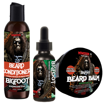 Beard Care Mini Kit by MONSTER - Beard Conditioner plus Beard Oil and Beard Wash. Available in 1, 2, and 4 oz sizes. Skull bottles available!