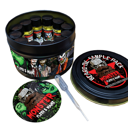 MONSTER Beard Oil Sample Pack. 12 vials with every fragrance, packed in black tins. Comes with pipette and sticker!