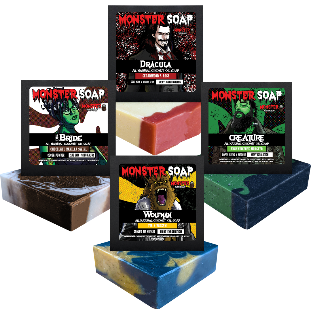 Universal Appeal Soap Bundle - Dracula, Bigfoot, The Creature, and the Bride MONSTER Soap Bars. Pictured: All four bars of soap. Dracula is a goat milk soap with white color and red on top due to rose kaolin clay. Bride is white and brown swirled with cocoa powder. The wolfman is yellow and black with charcoal powder. Creature is green and black with charcoal powder and mica.