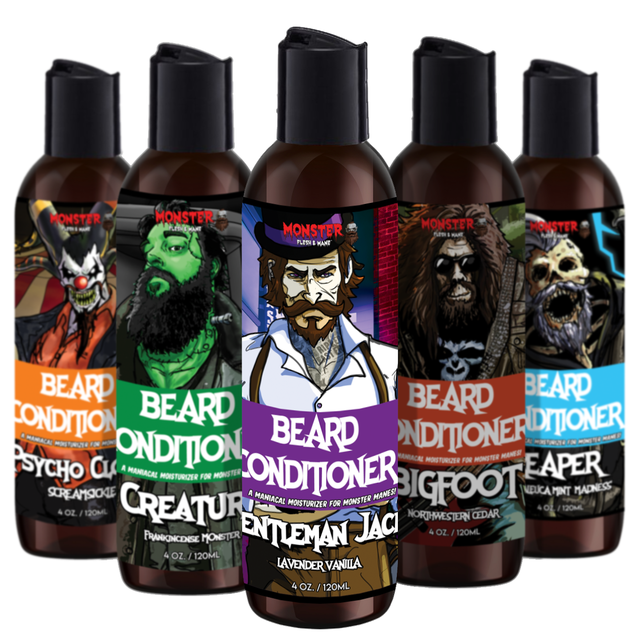 Beard Conditioner by MONSTER - Moisturizer and cream rinse for facial hair. 12 varities available, 5 pictured here in amber bottles.