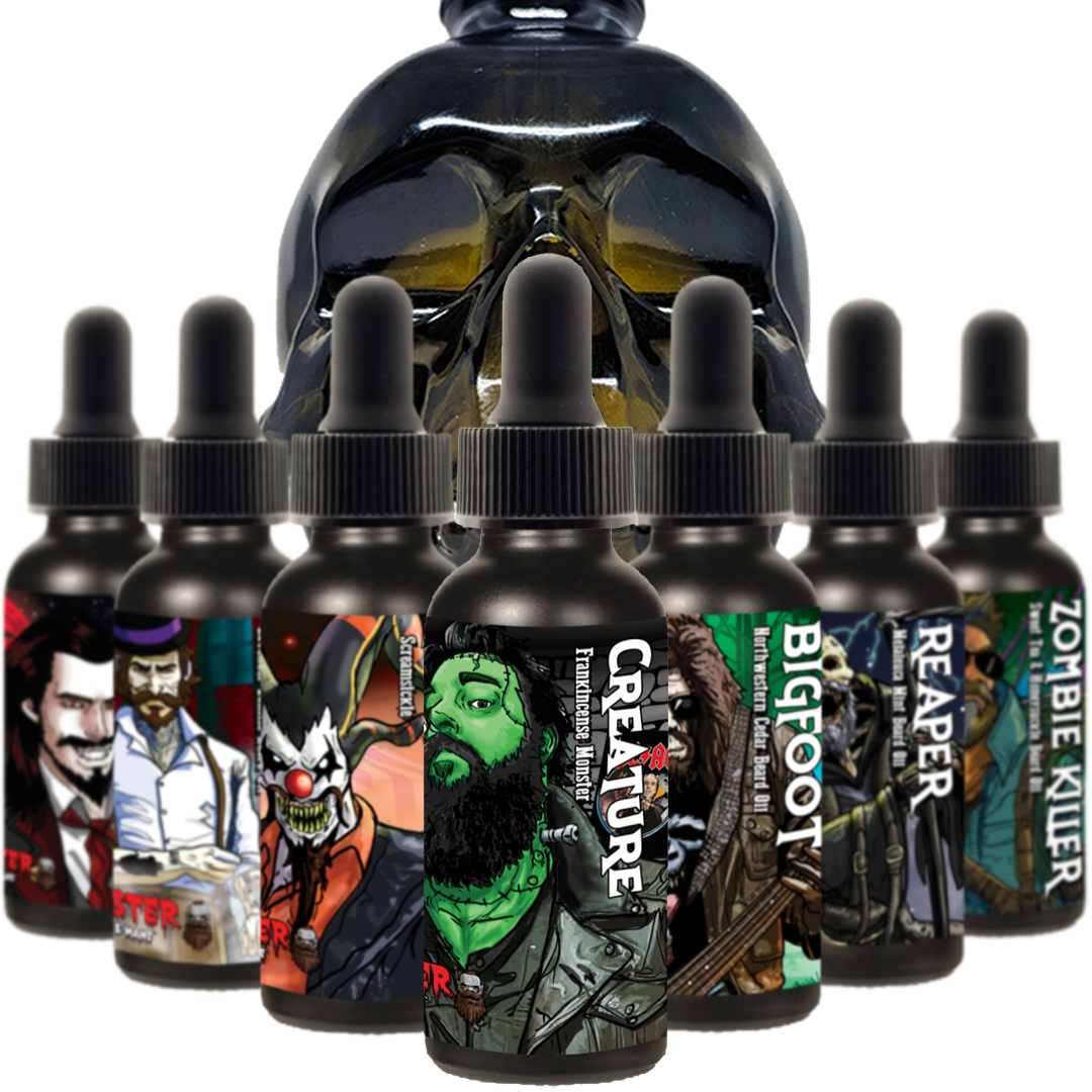 Beard Oil by MONSTER - Almond Oil Jojoba Oil Meadowfoam Seed Oil Available in 1 ounce, 2 ounce, and 4 ounce bottles. 2 and 4 ounce bottles are skull unique and shaped.
