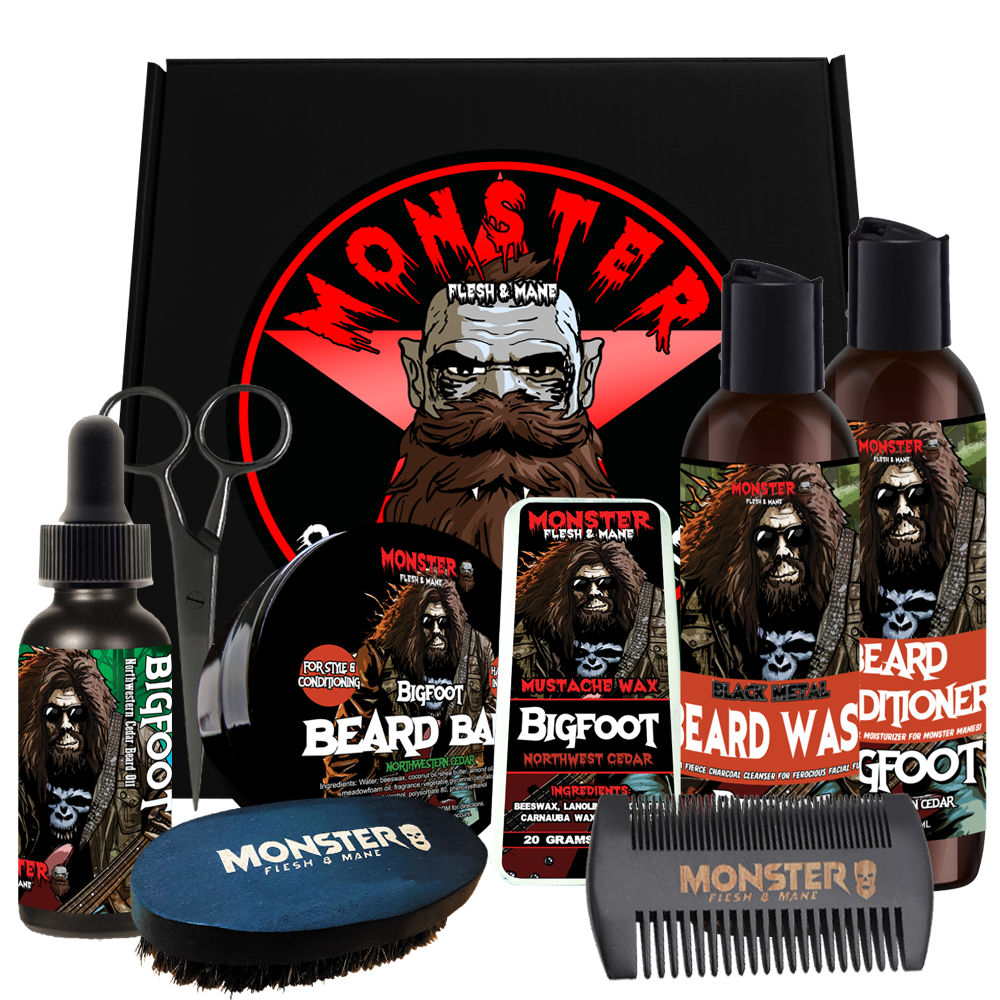 Beard Grooming Bundle from Monster Flesh & Mane - Includes Beard Oil, Beard Balm, Beard Shampoo, & Beard Conditioner plus Mustache Wax, Beard Comb, Beard Brush, and Trimming Scissors all in a Black Box