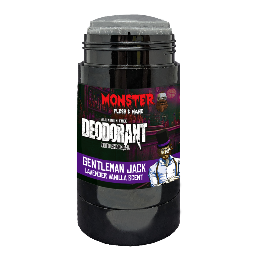 Gentleman Jack deodorant by MONSTER. Lavender vanilla scent. Charcoal deodorant with zinc ricinoleate.