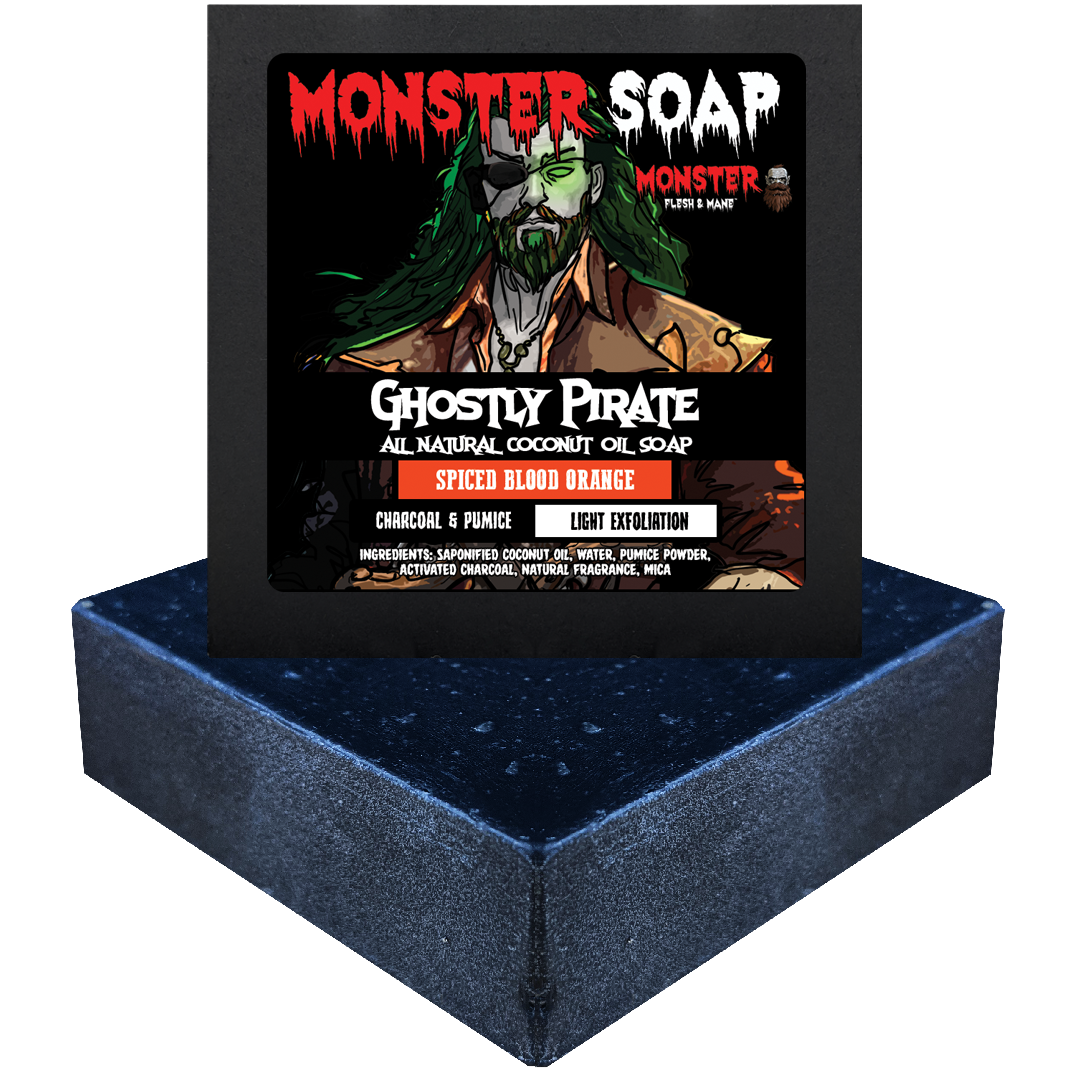 Ghostly Pirate Bar Soap by MONSTER. Spiced blood orange scent. With charcoal and pumice. Light exfoliation.