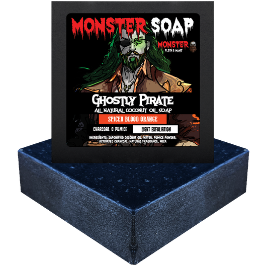 Ghostly Pirate Bar Soap by MONSTER. Spiced blood orange scent. With charcoal and pumice. Light exfoliation.