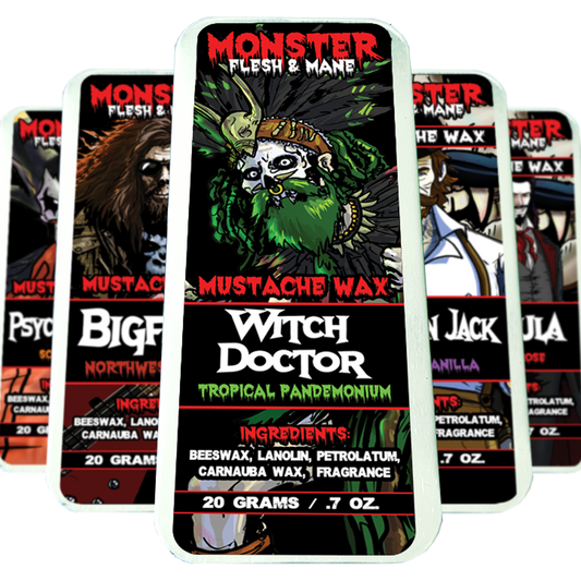 MONSTER Mustache Wax. 20 gram tins of mustache styling wax with natural ingredients and natural fragrances.