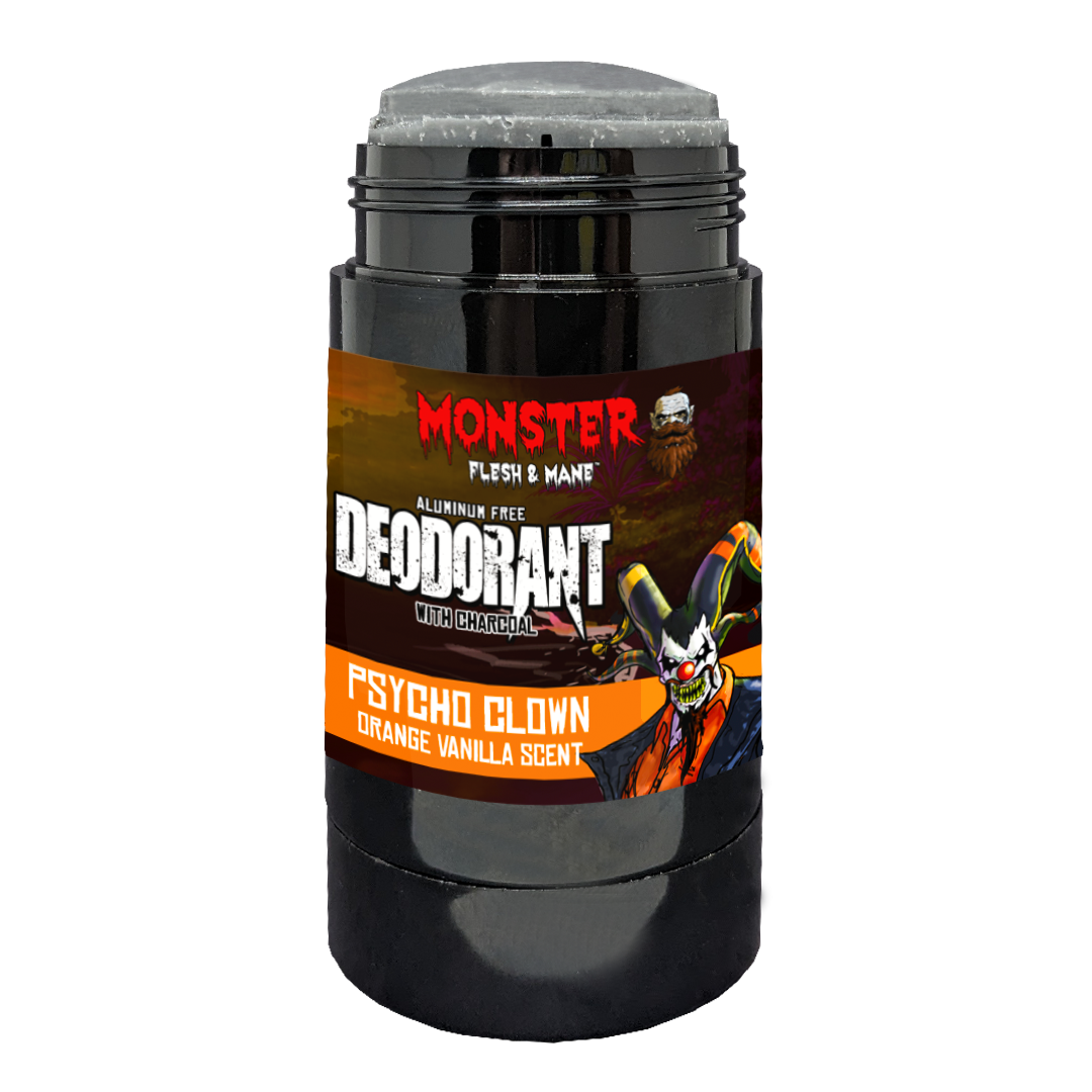 Psycho Clown deodorant by MONSTER. Orange vanilla scent. Screamsickle! Charcoal deodorant with zinc ricinoleate.