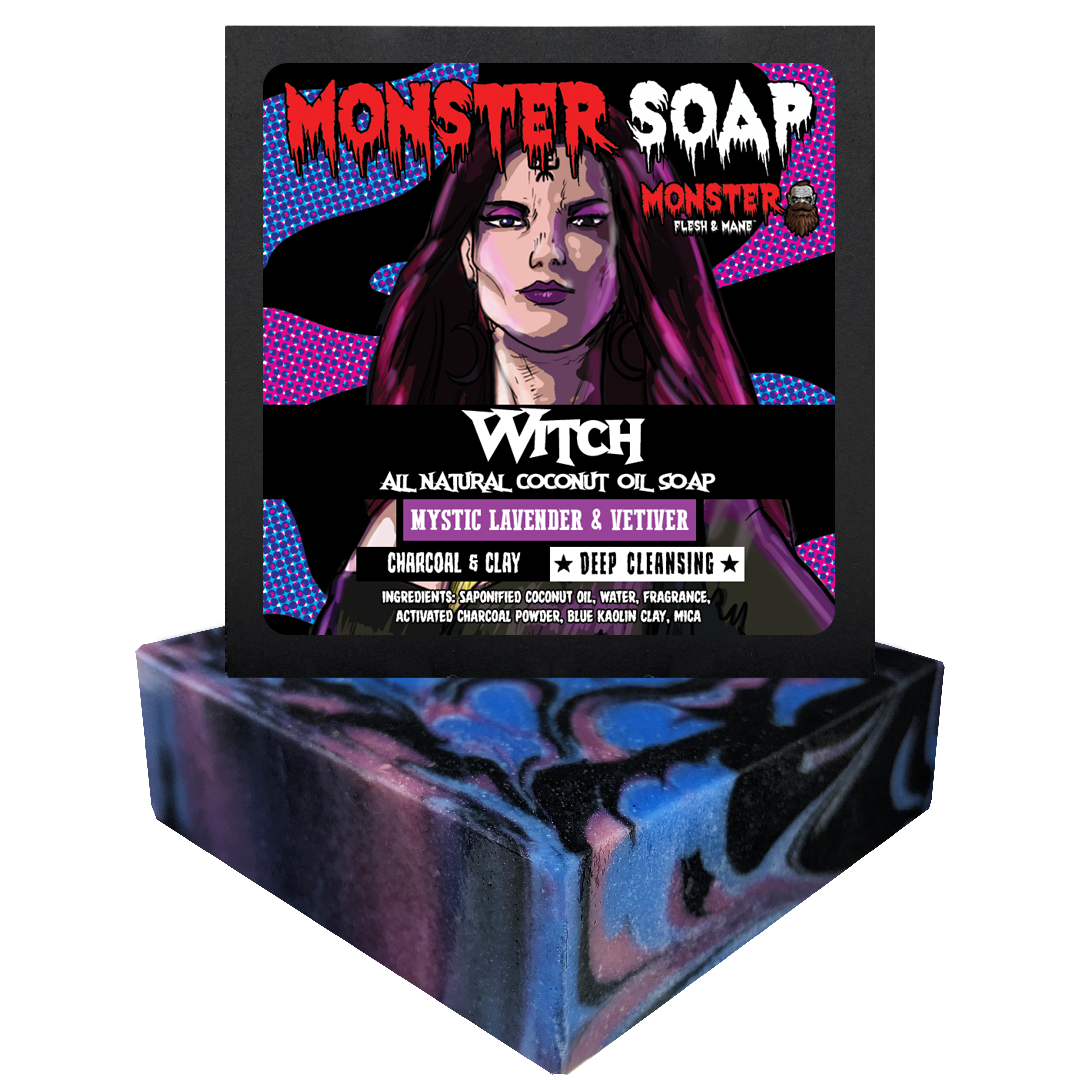 Witch Soap by MONSTER. Mystic lavender, vetiver, and frankincense fragrance. Blue, purple and black soap made with charcoal powder and kaolin clay.